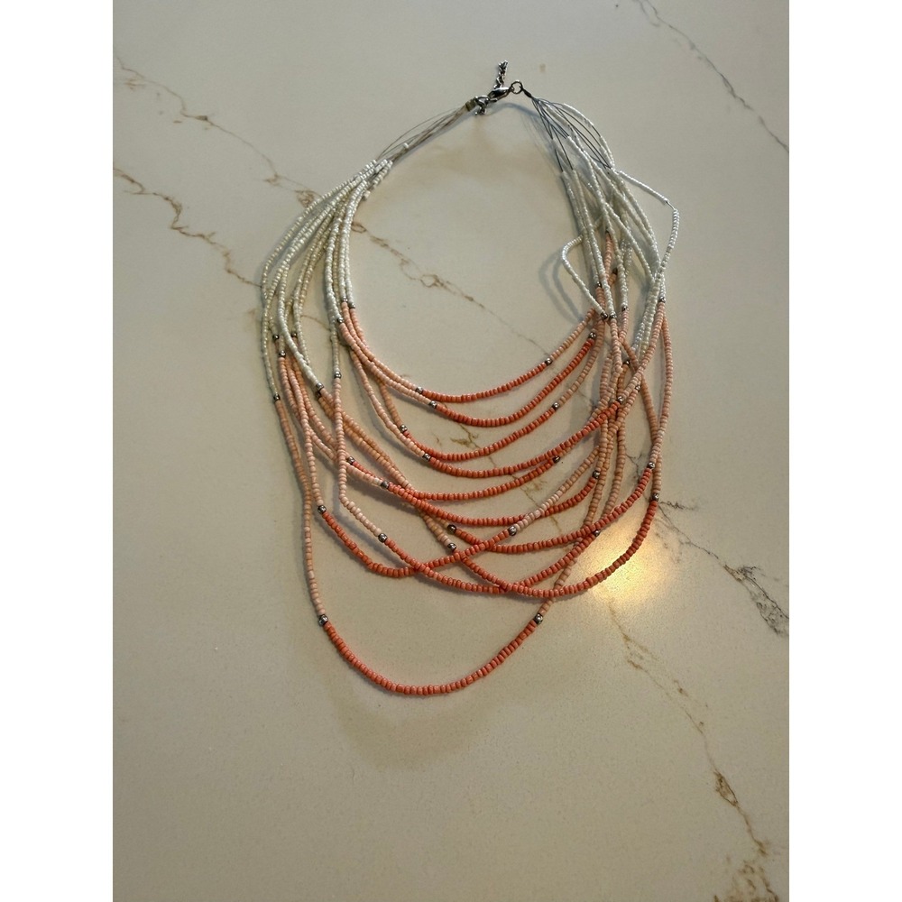 Multi Strand Seed Bead Statement Necklace Coral Pink White Layered Boho Bib